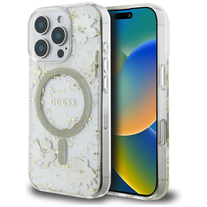 Etui Guess Resin Flowers Glitter MagSafe do iPhone 16 Pro  beżowy