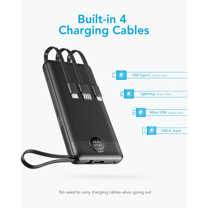 VEGER powerbank 10000 mAh z wbudowanymi kablami Micro USB / Typ C / Lightning C10 (W1116) czarny