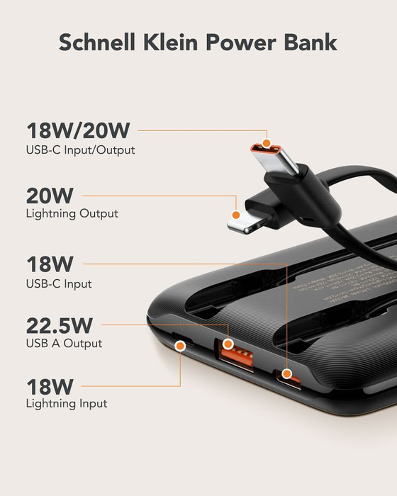 VEGER powerbank 10000 mAh z wbudowanymi kablami Typ C / Lightning PD QC3.0 2A 22,5W C11 (W1170) czarny