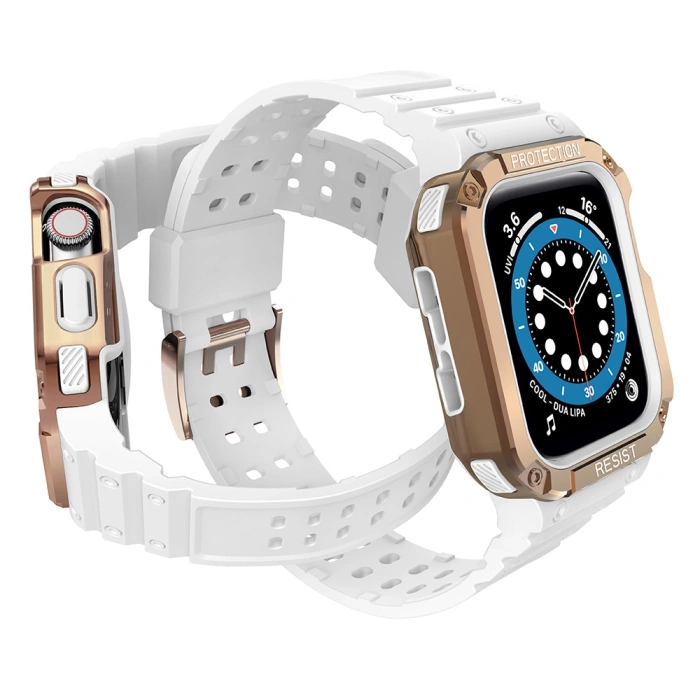Pasek z etui ochronnym Protect Strap Band do Apple Watch 38 / 40 / 41 mm opaska obudowa pancerna - biały, różowe złoto