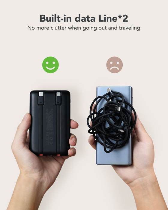 VEGER powerbank 10000 mAh z wbudowanymi kablami Typ C / Lightning PD QC3.0 2A 22,5W C11 (W1170) czarny