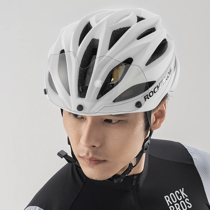 Kask rowerowy Rockbros z szybką, odpinane okulary z ochroną UV, unisex, błyszczący - biały