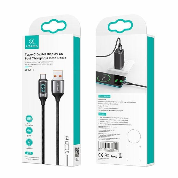 USAMS Kabel pleciony U78 USB-C 1.2m LED 6A Fast Charging czarny/black SJ544USB01 (US-SJ544)