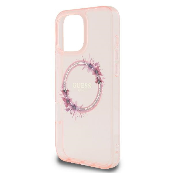 Etui Guess iPhone 16 Pro 6.3" różowy/pink hardcase IML Flowers Wreath MagSafe