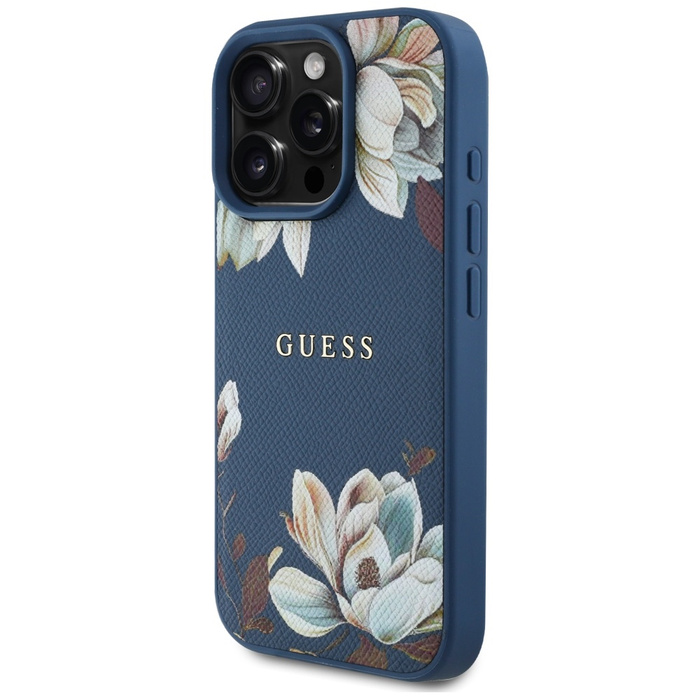 Etui Guess Grained Printed Flower         Pattern MagSafe do iPhone 16 Pro niebieski