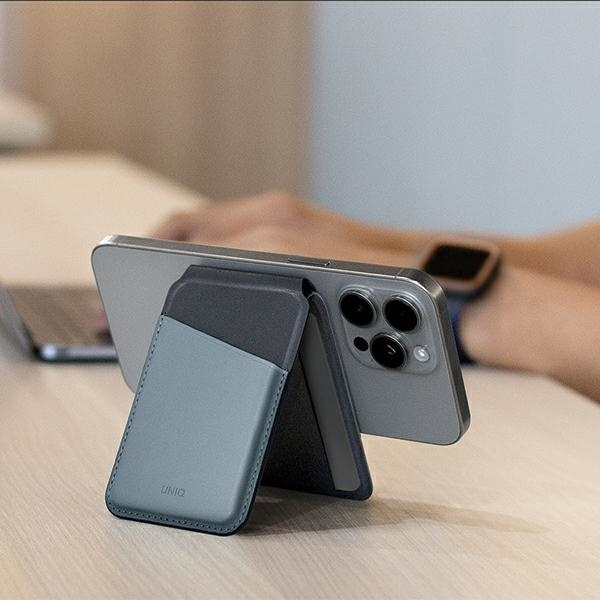 Portfel UNIQ Lyden DS magnetyczny RFID ze stojakiem na telefon - niebiesko-czarny