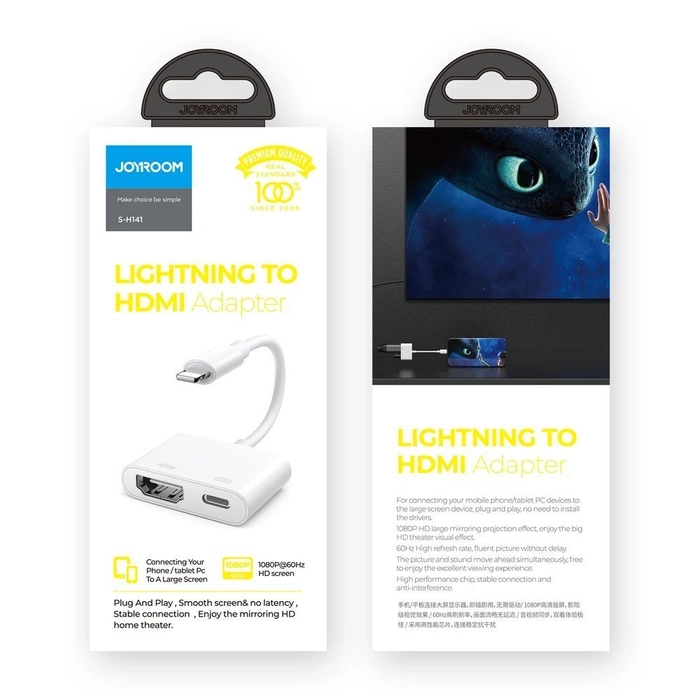 [PO ZWROCIE] Joyroom adapter przejściówka ze złącza Lightning (męski) na cyfrowe HDMI (żeński) + Lightning (żeński) FullHD 1080p 60Hz biały (S-H141 white)