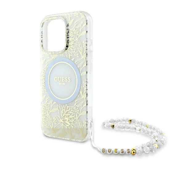 Etui Guess iPhone 16 Pro 6.3" biały/white hardcase IML Flowers Allover Electro With Pearl Strap MagSafe