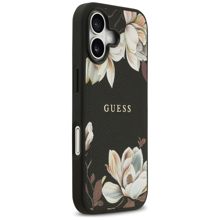 Etui Guess Grained Flowers Classic Logo  MagSafe do iPhone 17 czarny