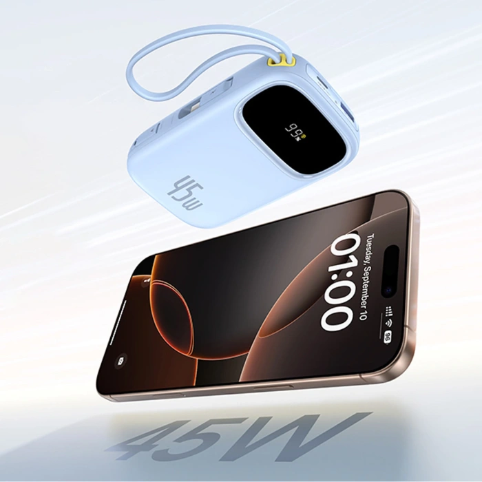 Powerbank Baseus EnerFill FC31 20000mAh 45W z wyświetlaczem z kablami USB-C i Lightning - niebieski