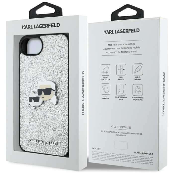 Etui Karl Lagerfeld Fixed Glitter Ikonik Metal Pin do iPhone 16e srebrny