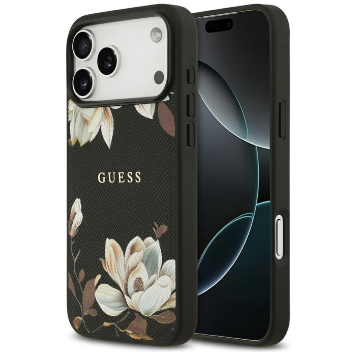 Etui Guess Grained Flowers Classic Logo  MagSafe do iPhone 17 Pro Max czarny