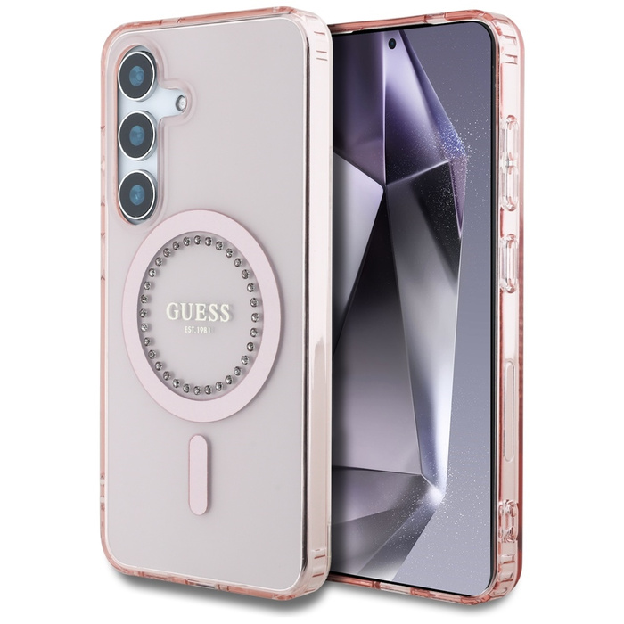 Etui Guess Rhinestones Printed Classic    Logo MagSafe Samsung Galaxy S25 różowy