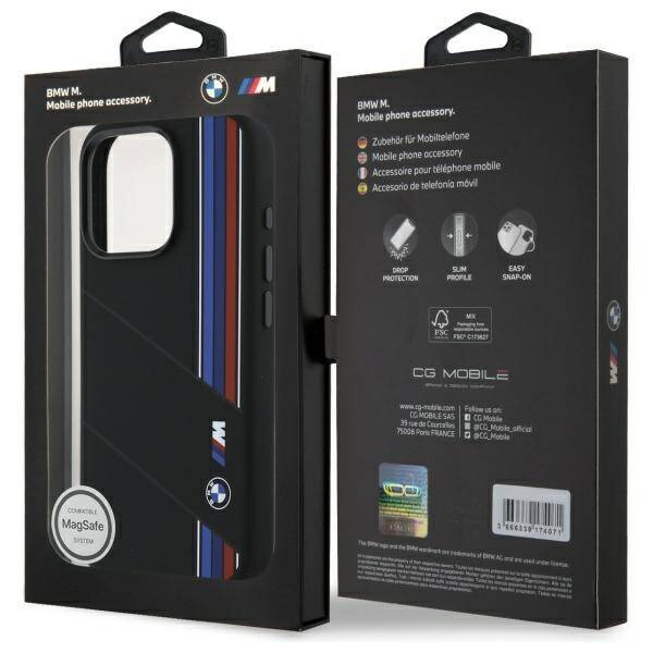 Etui BMW iPhone 16 Pro Max czarny/black hardcase Silicone Cut Tricolor Lines MagSafe