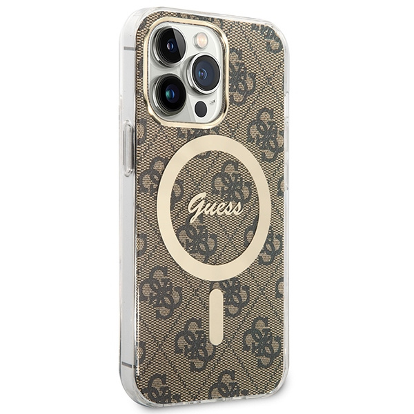 Zestaw Etui Guess Case+ Charger iPhone 13 Pro brązowy/brown hard case 4G Print MagSafe