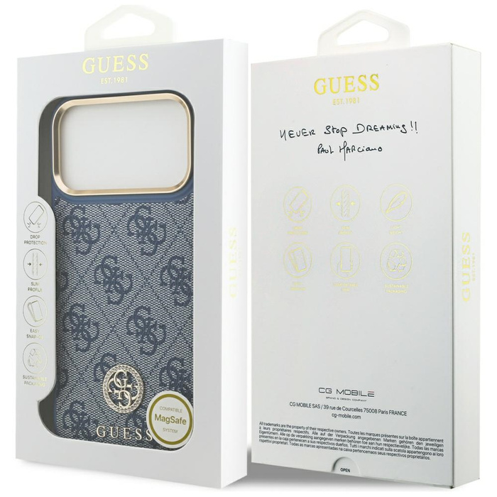 Etui Guess 4G Strass Logo MagSafe do     iPhone 17 Pro Max niebieski