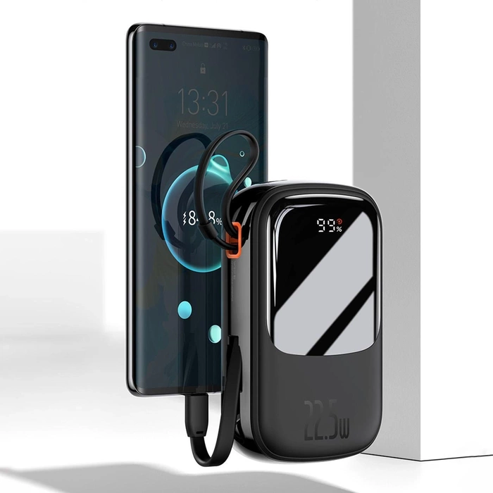 [PO ZWROCIE] Baseus Qpow Digital Display powerbank z szybkim ładowaniem 10000mAh 22,5W QC/PD/SCP/FCP z wbudowanym kablem USB-C czarny