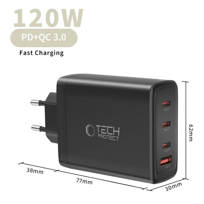 TECH-PROTECT NC120W-GAN 4-PORT NETWORK CHARGER PD 120W / QC3.0 BLACK