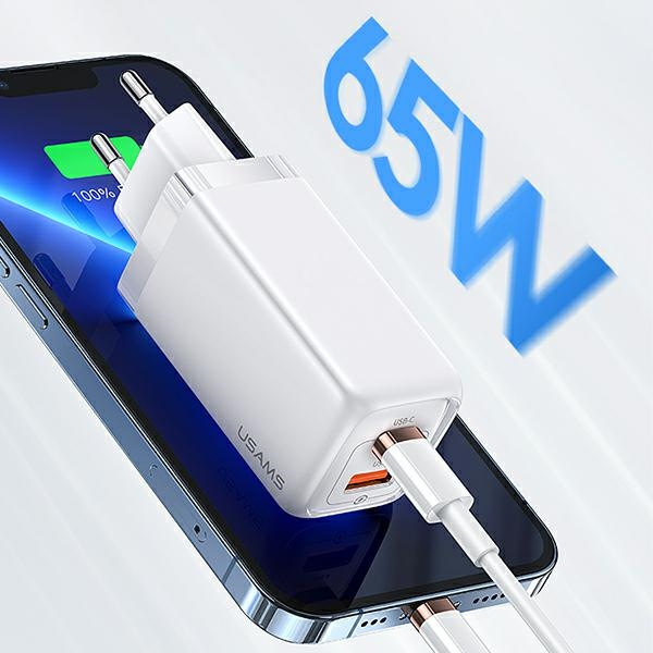 USAMS Ład. siec. 1xUSB-C+1xUSB T47 65W PD Fast Charging Super Si biały/white CC153TC02  (US-CC153)