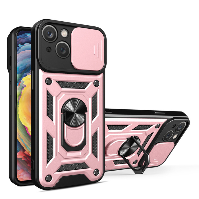 Etui Pancerne etui z podstawką i osłoną aparatu do iPhone 15 Hybrid Armor Camshield - różowe Case