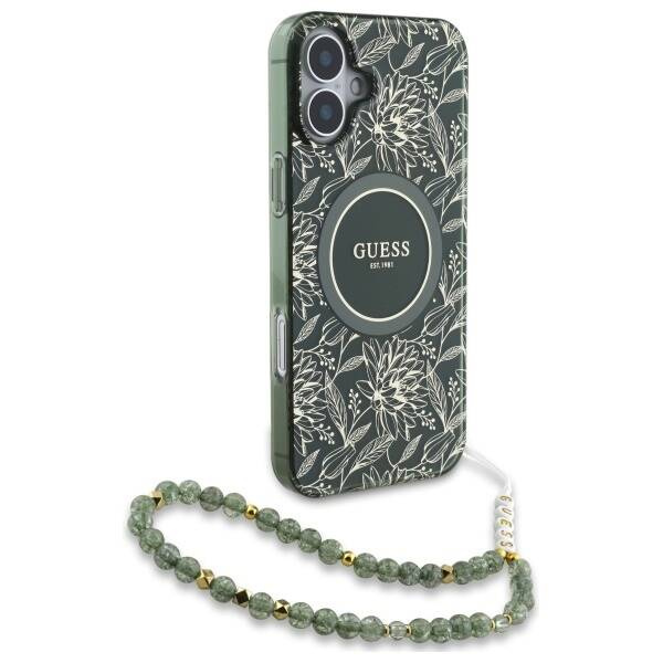Etui Guess iPhone 16 Plus 6.7" zielony/green hardcase IML Flowers Allover Electro With Pearl Strap MagSafe