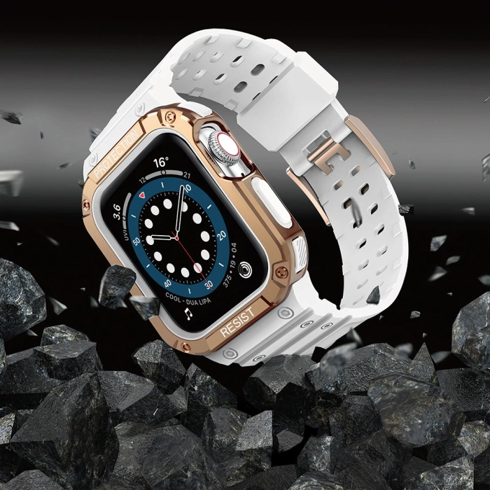 Pasek z etui ochronnym Protect Strap Band do Apple Watch 38 / 40 / 41 mm opaska obudowa pancerna - biały, różowe złoto