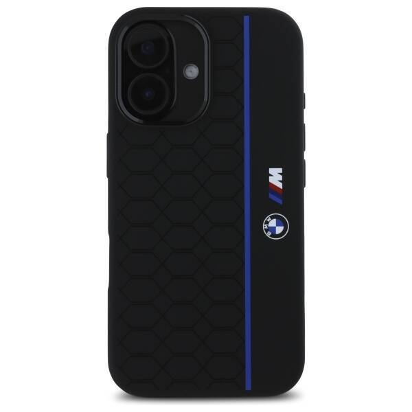 Etui BMW iPhone 16 czarny/black hardcase Silicone Hexagon Blue Line MagSafe