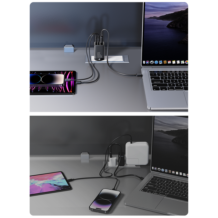 Joyroom szybka ładowarka GaN 65W USB, 2x USB C czarna + kabel USB C - USB C 100W 1.2m (TCG01)