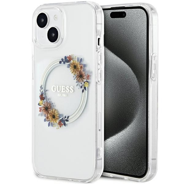 Etui Guess GUHMP15SHFWFCT iPhone 15 / 14 / 13 6.1" transparent hardcase IML Flowers Wreatch MagSafe Case