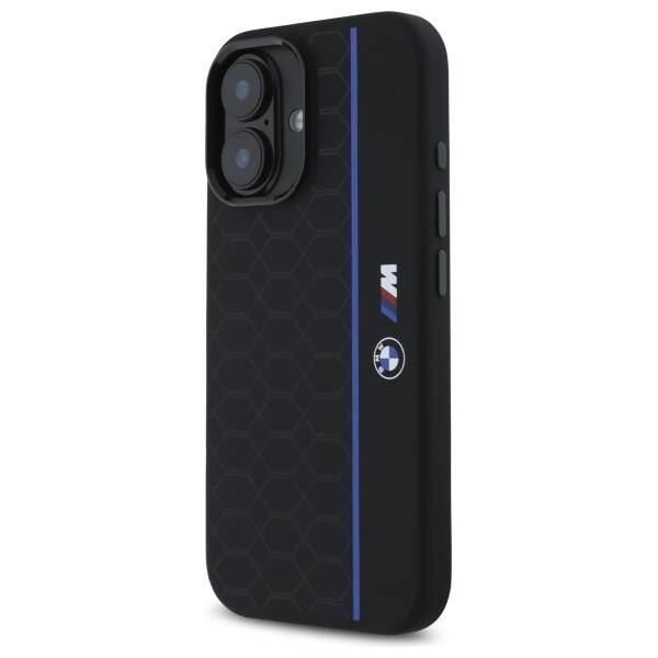 Etui BMW iPhone 16 czarny/black hardcase Silicone Hexagon Blue Line MagSafe