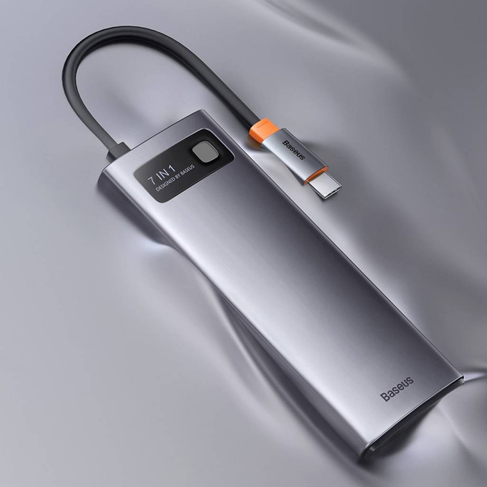 Baseus Metal Gleam Series stacja dokująca HUB 7 w 1 USB Typ C - 1 x HDMI / 1 x VGA / 3 x USB 3.2 Gen. 1 / 1 x Power Delivery / 1 x RJ-45 Ethernet szary (WKWG040013)