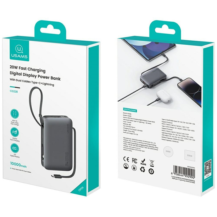Powerbank USAMS XR Series CD228 10000mAh 20W + kabel USB-C/Lightning czarny