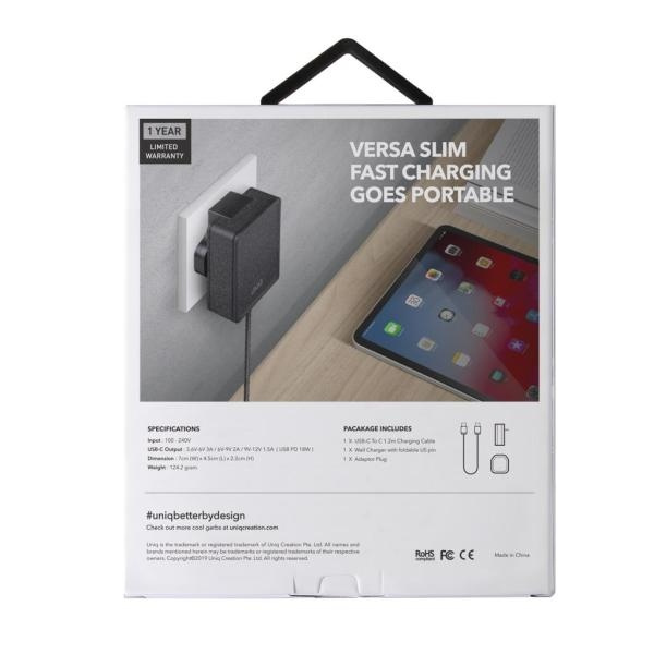 UNIQ Ład. siec. Versa Slim  USB-C PD 18W + kabel USB-C na USB-C czarny/charcoal black (LITHOS Collective)