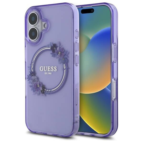 Etui Guess iPhone 16 6.1" fioletowy/purple hardcase IML Flowers Wreath MagSafe