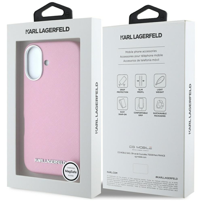 Etui Karl Lagerfeld Saffiano Full         Wrapped Elongated Metal Logo MagSafe do iPhone 16 różowy