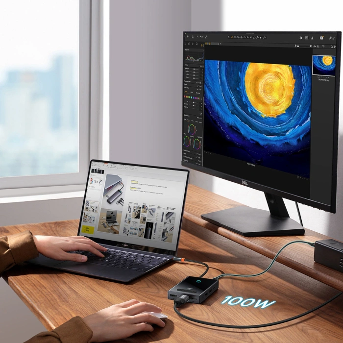 Hub USB-C 8w1 Baseus PioneerJoy HDMI 4K@60Hz + HDMI 4K@30Hz + DisplayPort 8K@30Hz + VGA + 2 x USB-A 3.0 + 2 x USB-C - szary