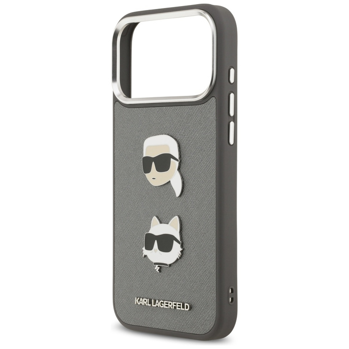 Etui Karl Lagerfeld FW Grained Karl &    Choupette Heads Pins & Logo do iPhone 17 Pro Max szary