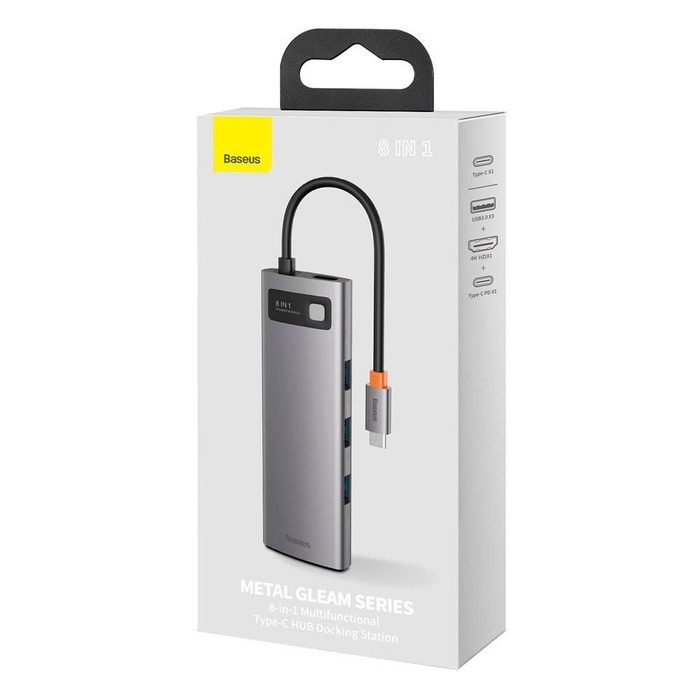 Baseus Metal Gleam 8w1 wielofunkcyjny HUB USB Typ C - USB Typ C Power Delivery 100 W / HDMI 4K 30 Hz / czytnik kart SD i microSD / 3x USB 3.2 Gen 1 / RJ45 1 Gbps Szary (CAHUB-CV0G)