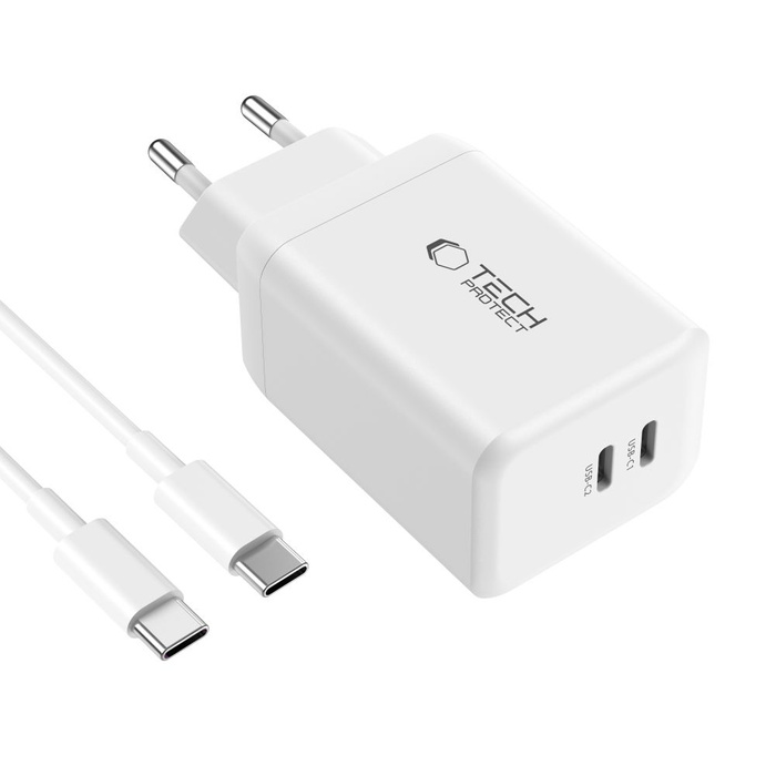 TECH-PROTECT NC45W-GAN 2-PORT NETWORK CHARGER PD45W + TYPE-C CABLE WHITE