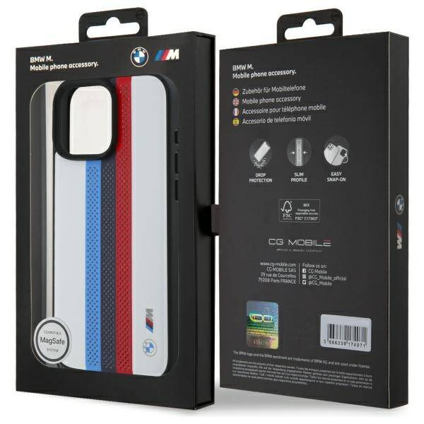 Etui BMW iPhone 16 Pro Max 6.9" biały/white hardcase M Perf. Tricolor Printed Stripes MagSafe