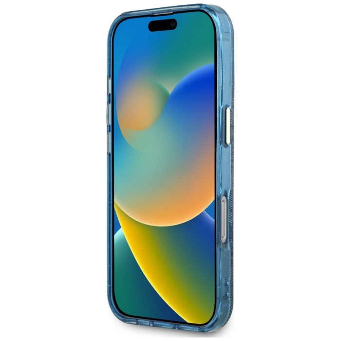 Etui Guess IML Metal Glitter 4G Circle   Triangle MagSafe do iPhone 16 Pro niebieski