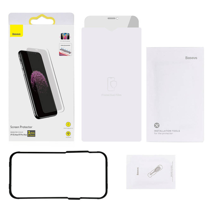 Baseus szkło hartowane do iPhone 11 Pro Max / iPhone XS Max Privacy Anti Spy (prywatyzujące) z osłoną na głośnik + pozycjoner (SGBL061702) (case friendly)