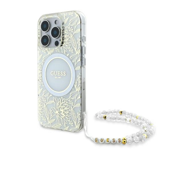 Etui Guess iPhone 16 Pro 6.3" biały/white hardcase IML Flowers Allover Electro With Pearl Strap MagSafe