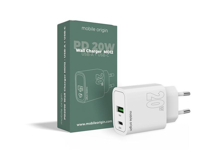 Mobile Origin PD20W Wall Charger MO12, 1 USB-A + 1 USB-C