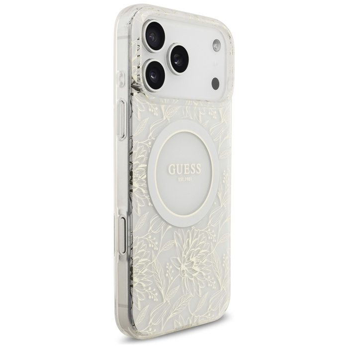 Etui Guess IML Flowers Electro Pearl     Strap MagSafe do iPhone 17 Pro Max biały