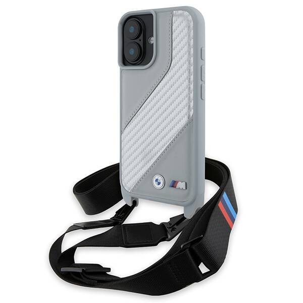 Etui BMW iPhone 16 szary/grey hardcase M Edition Carbon Stripe & Strap