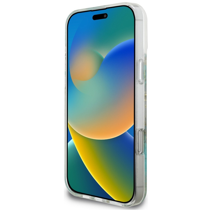 Etui Guess Resin Flowers Glitter MagSafe do iPhone 16 Pro turkusowy