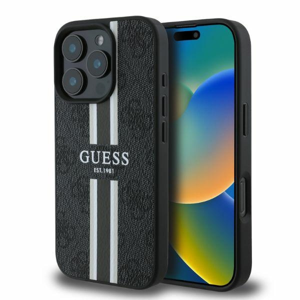 Etui Guess iPhone 16 Pro czarny/black MagSafe 4G Printed Stripes