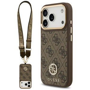 Etui Guess 4G Strass Logo & Big Strap    Metal Buttons MagSafe do iPhone 17 Pro brązowy