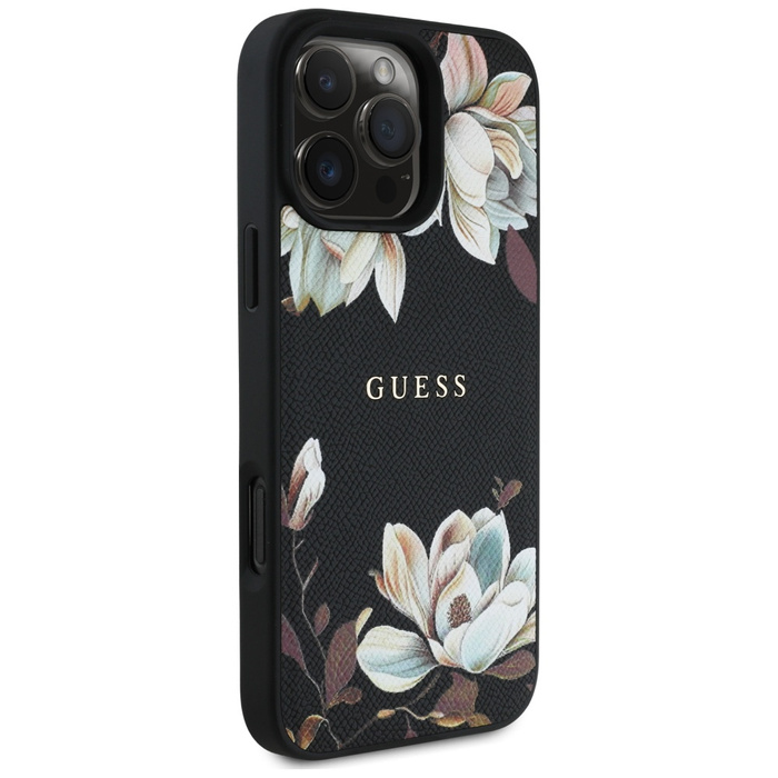 Etui Guess Grained Printed Flower         Pattern MagSafe do iPhone 16 Pro czarny